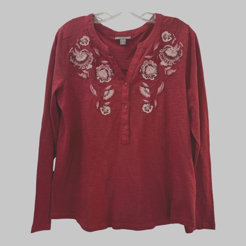 Style&Co Bloom Embroidered Henley Top Medium Strawberry Floral Knit Tee NWT